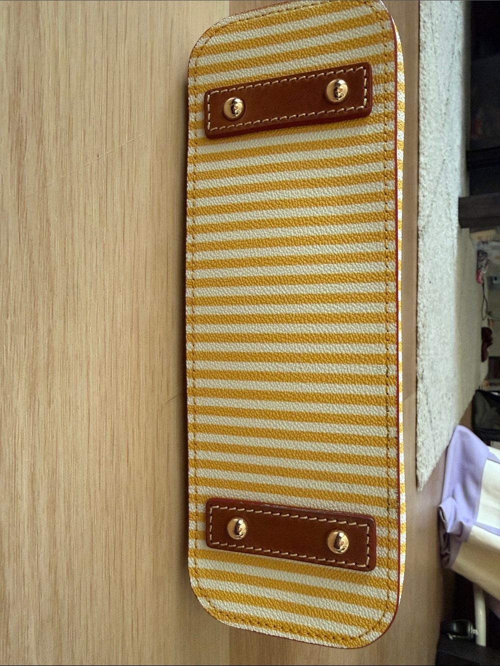 Dooney & Bourke Yellow and White Stripe Canvas Shoulder Bag with Red Trim - Picture 3 of 4